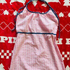 Pink and White Textured Halter Dress with Denim Trim – Suzy Q